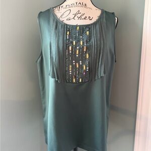 Banana Republic Dark Teal Beaded Pleated Sleeveless Blouse